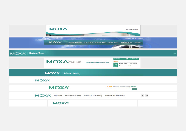 Without a union design system, Moxa had 9 headers on one site